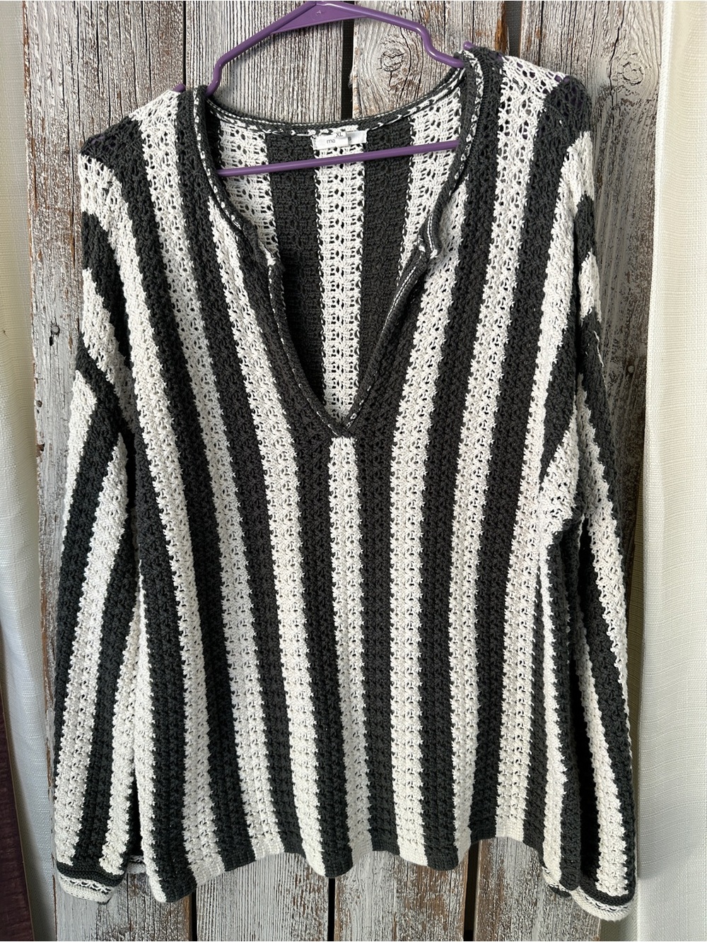 Striped Dark Gray & White V-Neck Knit Sweater